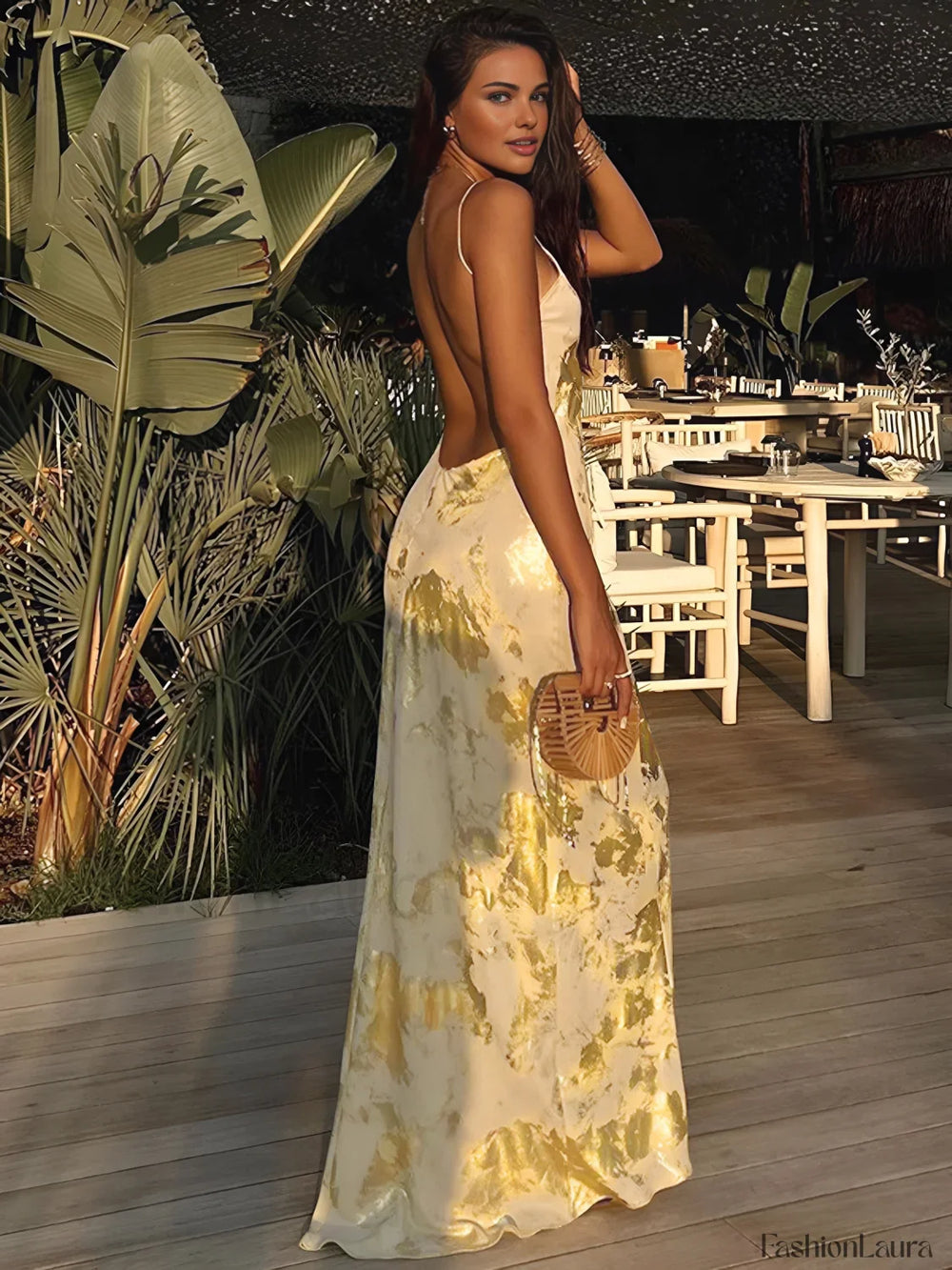 Metallic Print V Neck Backless Slip Long Dress Dresses