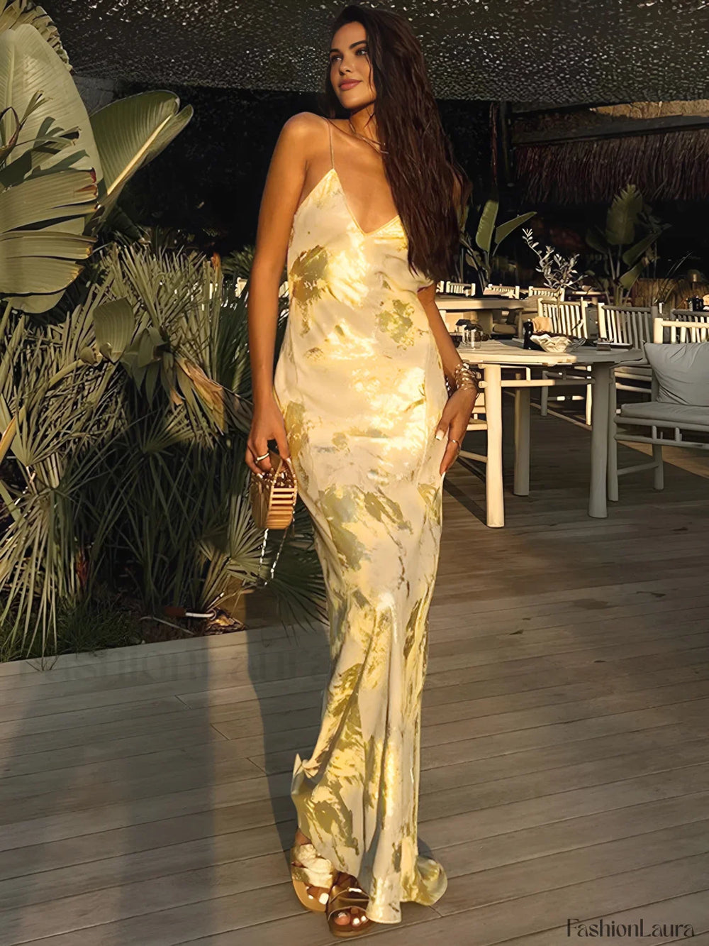Metallic Print V Neck Backless Slip Long Dress Dresses