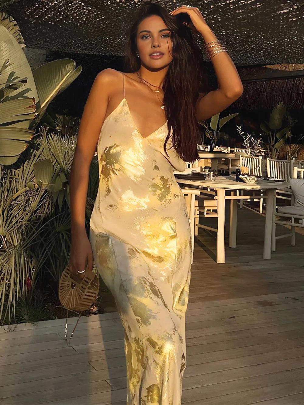 Metallic Print V Neck Backless Slip Long Dress Dresses