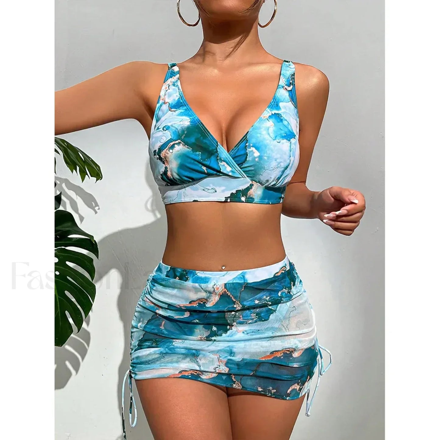 Micro Thong Skirt Bikini Three Piece Set Blue / S