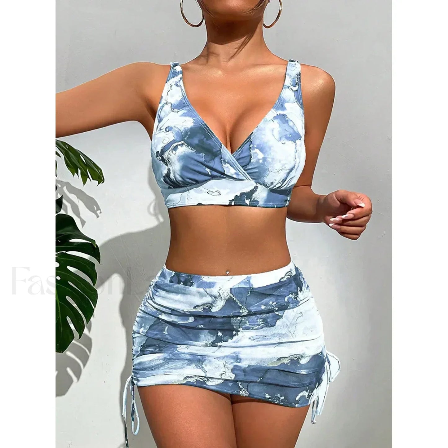 Micro Thong Skirt Bikini Three Piece Set Grey / S