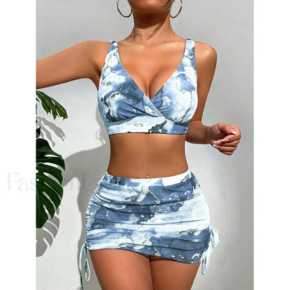 Micro Thong Skirt Bikini Three Piece Set Grey / S