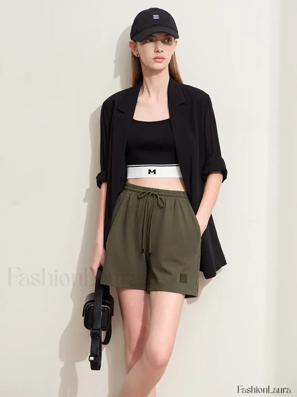 Minimalism Drawstring Casual Wide leg Letters Embroidery Short