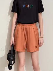 Minimalism Drawstring Casual Wide leg Letters Embroidery Short