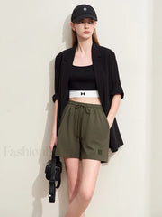 Minimalism Drawstring Casual Wide leg Letters Embroidery Short