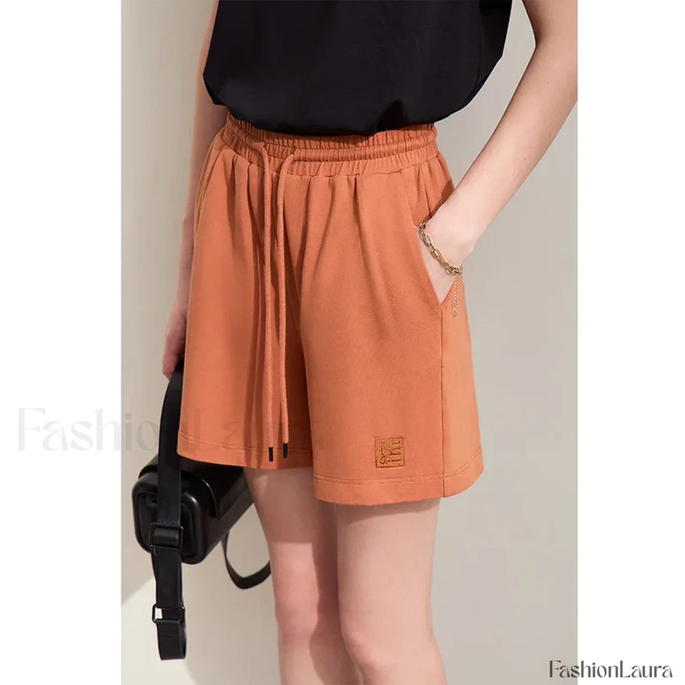 Minimalism Drawstring Casual Wide leg Letters Embroidery Short Amber / XS