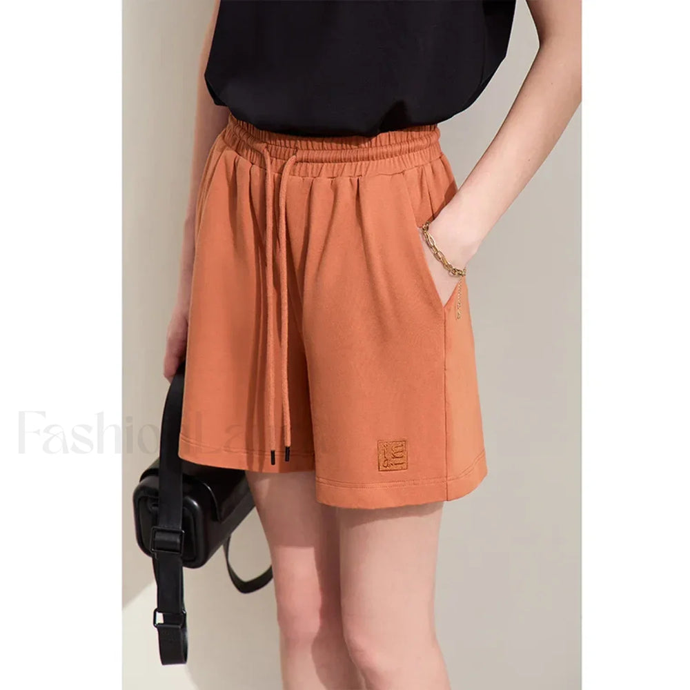 Minimalism Drawstring Casual Wide leg Letters Embroidery Short Amber / XS