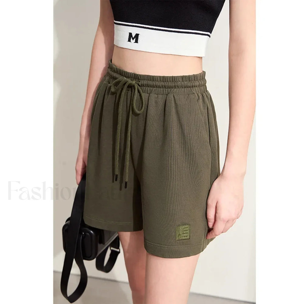 Minimalism Drawstring Casual Wide leg Letters Embroidery Short Army green / XS