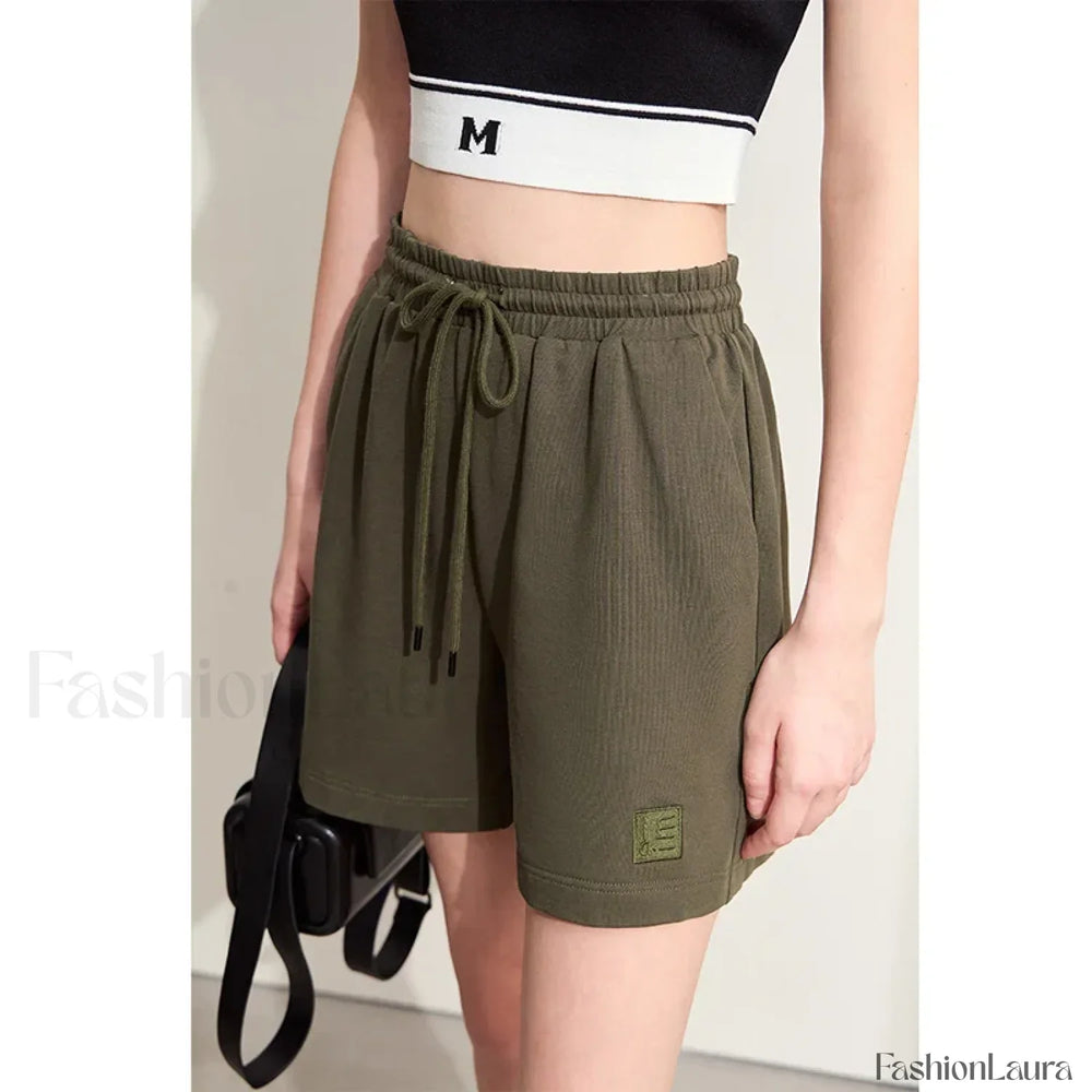 Minimalism Drawstring Casual Wide leg Letters Embroidery Short Army green / XS