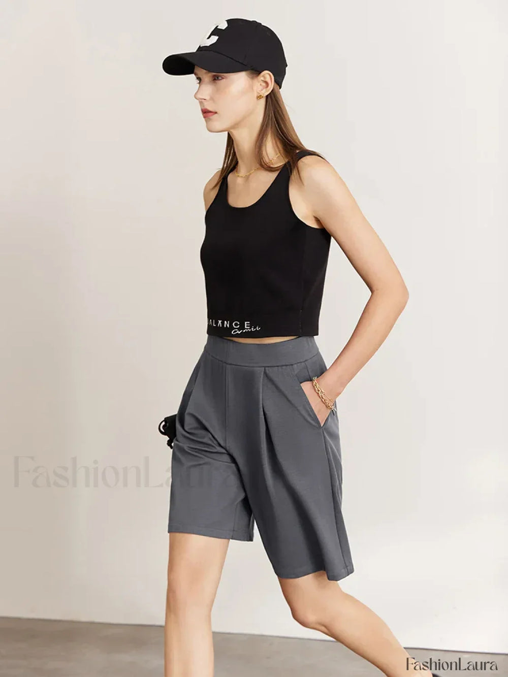 Minimalism Elastic Waist Shirring Casual Black Short