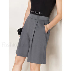 Minimalism Elastic Waist Shirring Casual Black Short Grey / S