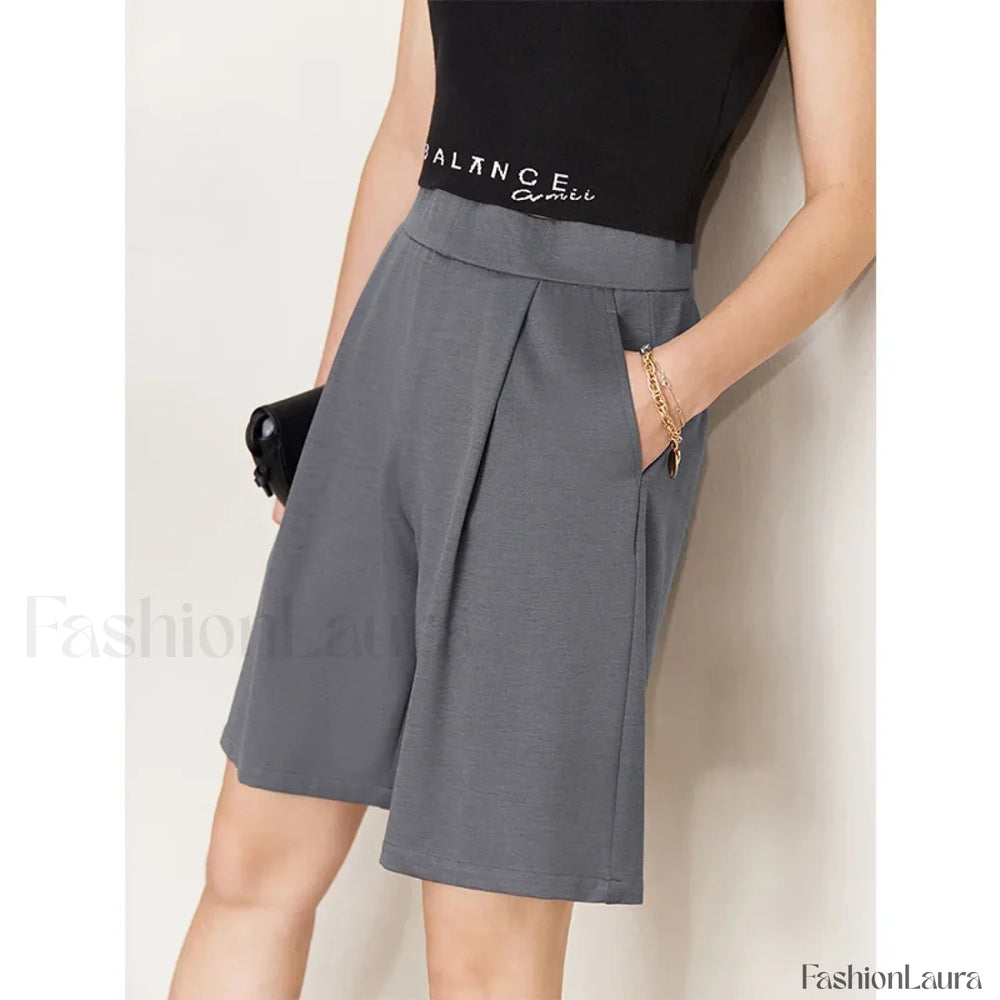 Minimalism Elastic Waist Shirring Casual Black Short Grey / S