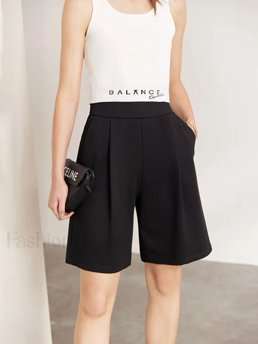 Minimalism Elastic Waist Shirring Casual Black Short Black / S