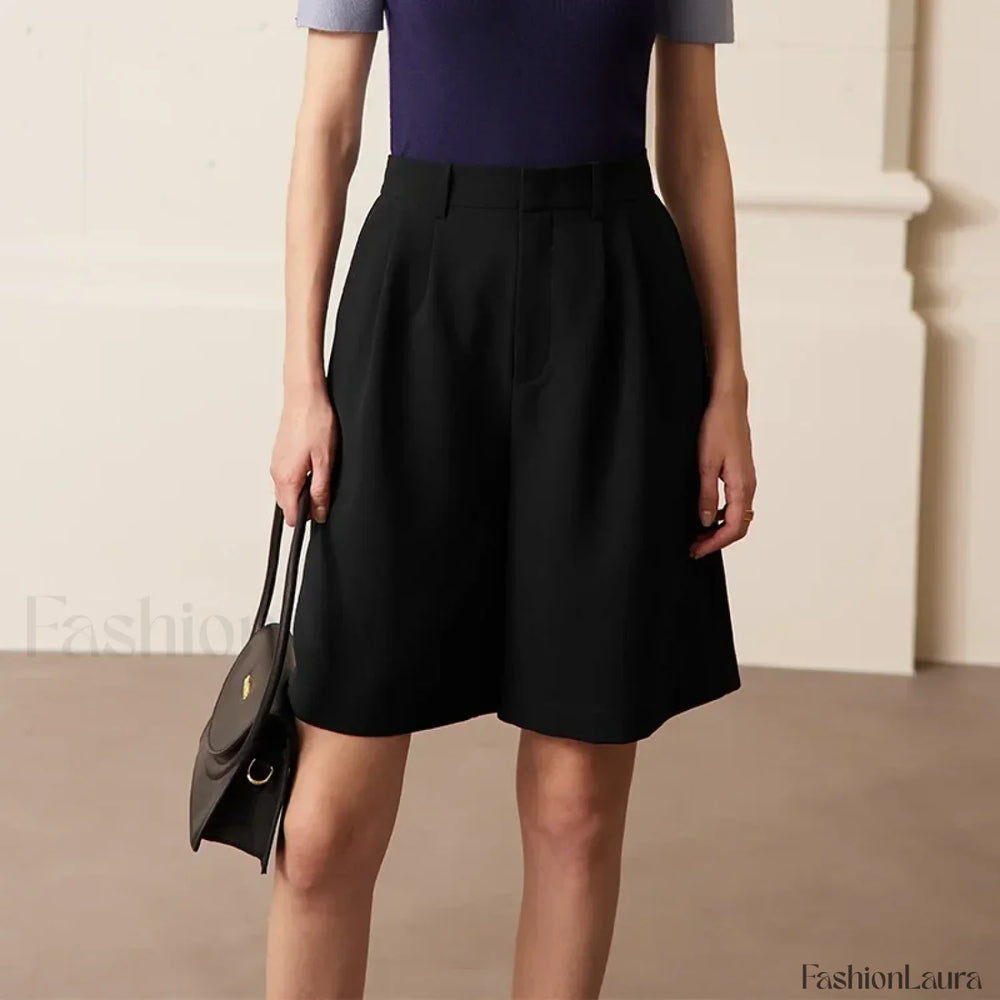 Minimalism Office Lady Shirring Wide Leg Casual Short Black / S