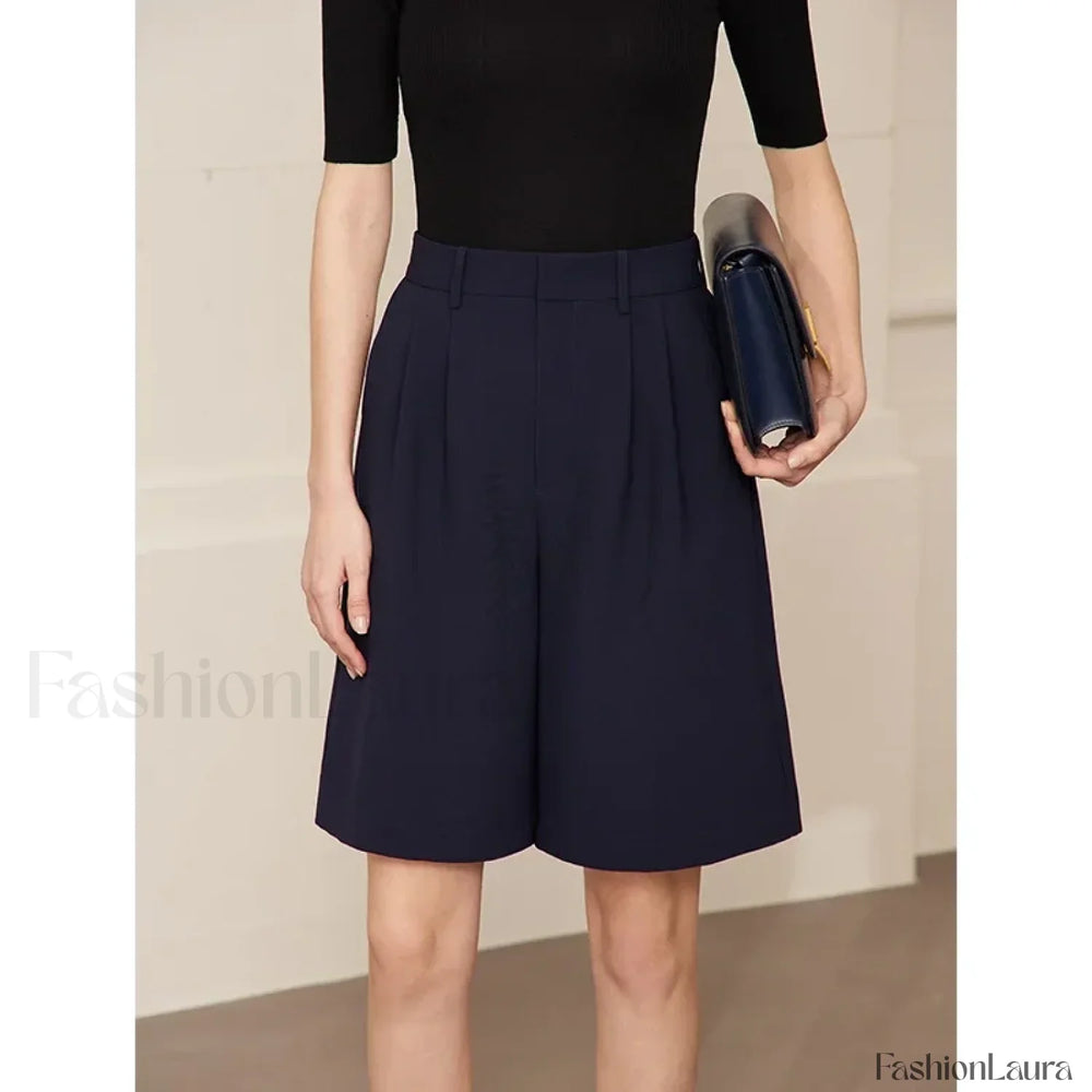 Minimalism Office Lady Shirring Wide Leg Casual Short deep blue / S