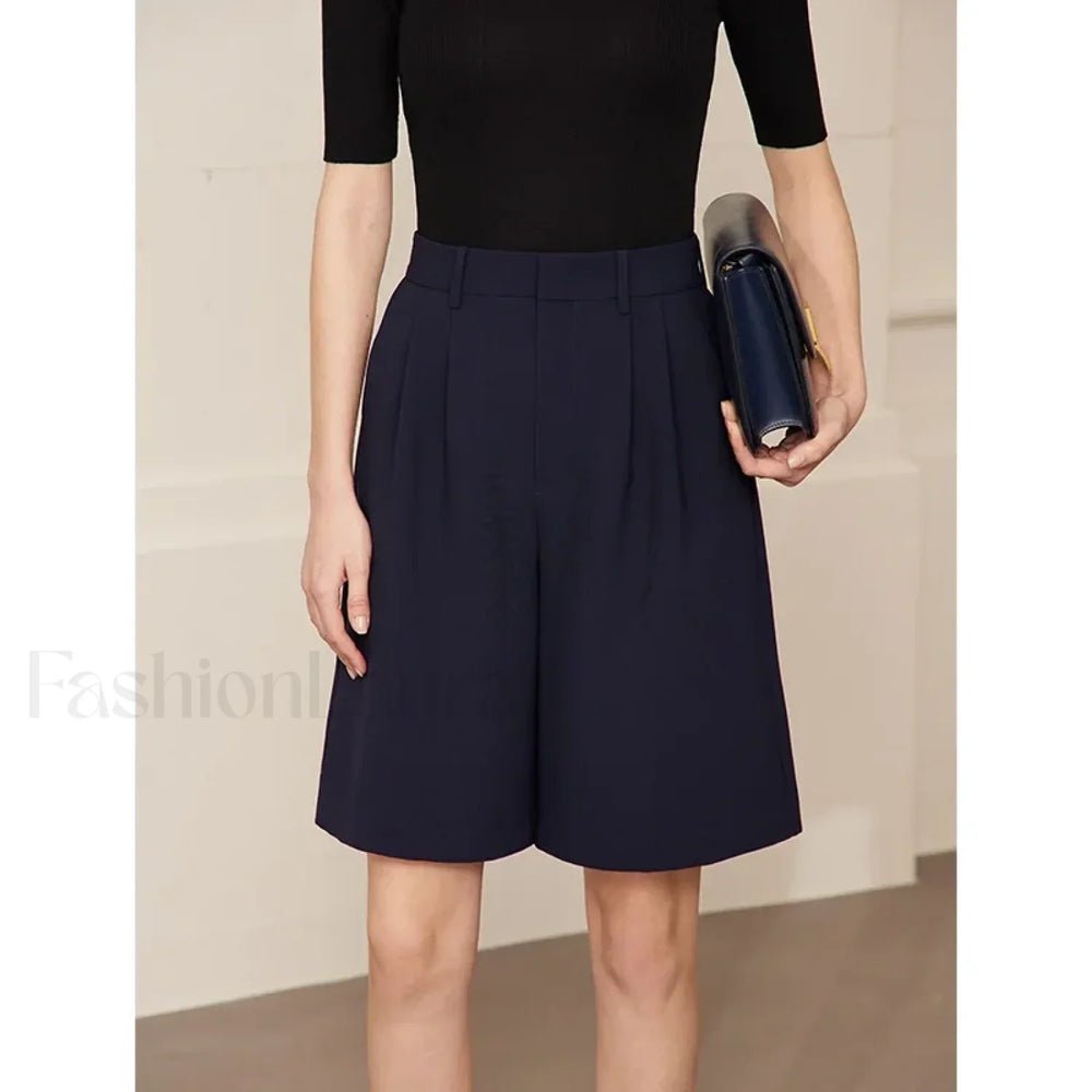 Minimalism Office Lady Shirring Wide Leg Casual Short deep blue / S