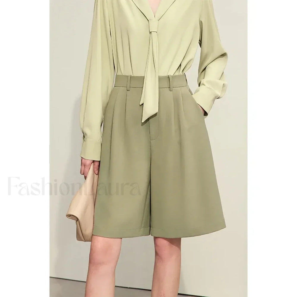 Minimalism Office Lady Shirring Wide Leg Casual Short Mustard green / S