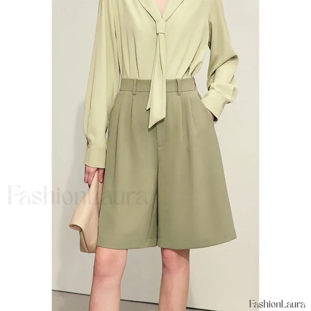 Minimalism Office Lady Shirring Wide Leg Casual Short Mustard green / S