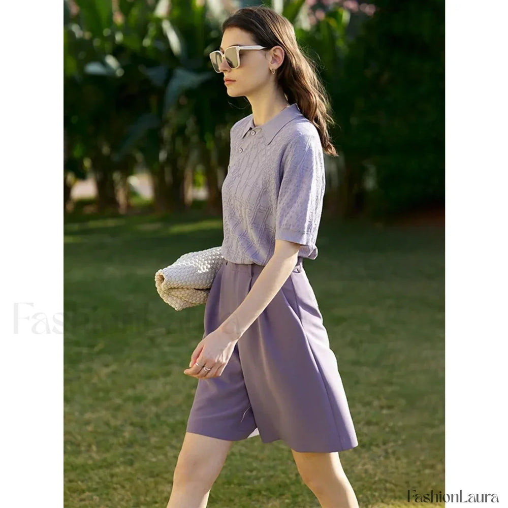 Minimalism Office Lady Shirring Wide Leg Casual Short Purple / S