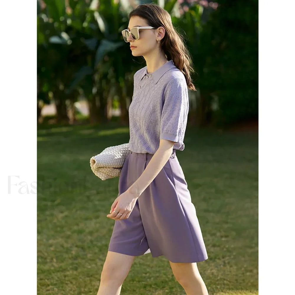 Minimalism Office Lady Shirring Wide Leg Casual Short Purple / S
