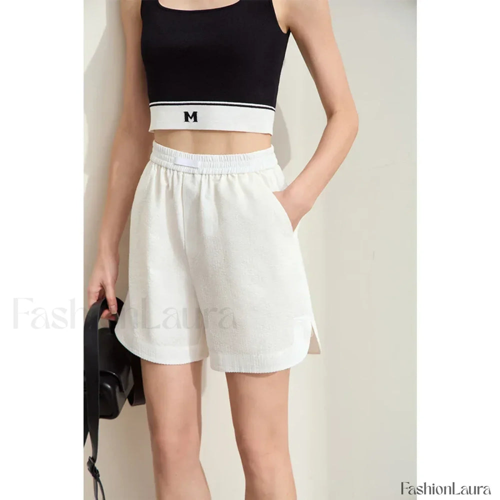 Minimalism Striped Casual Basic Fashion Slit Short Beige / S