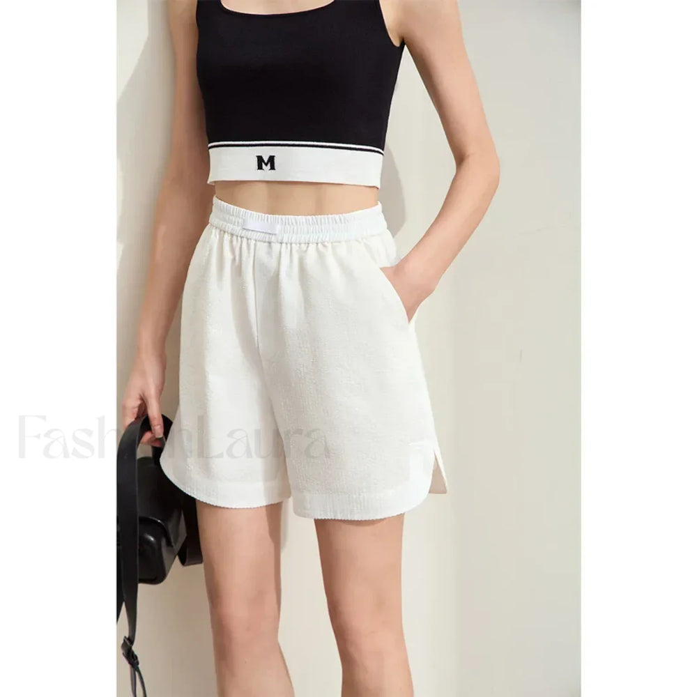 Minimalism Striped Casual Basic Fashion Slit Short Beige / S