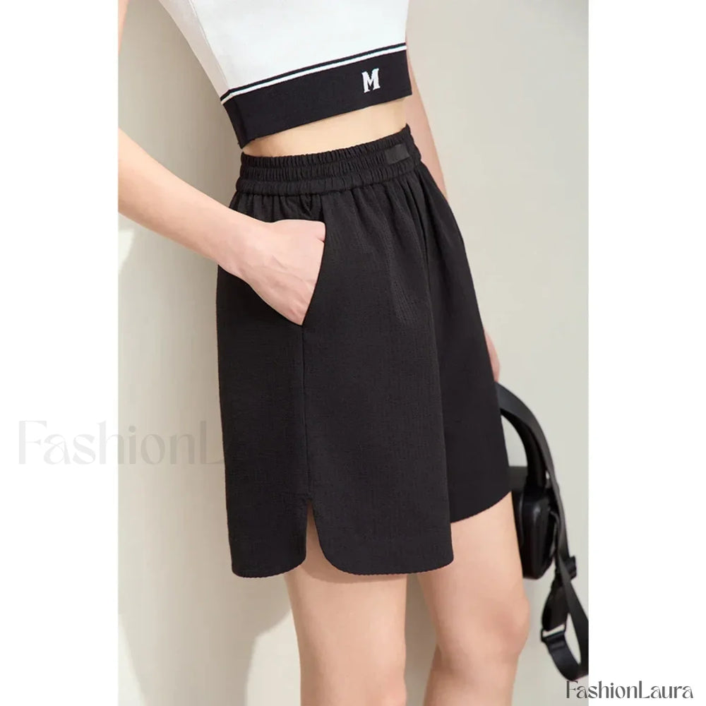Minimalism Striped Casual Basic Fashion Slit Short Black / S