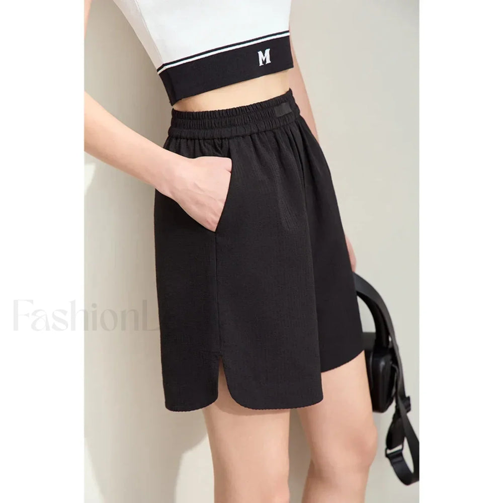 Minimalism Striped Casual Basic Fashion Slit Short Black / S