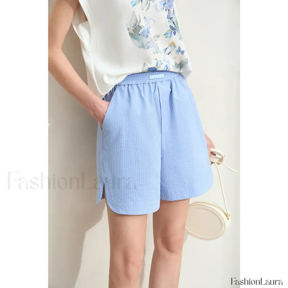 Minimalism Striped Casual Basic Fashion Slit Short Blue / S