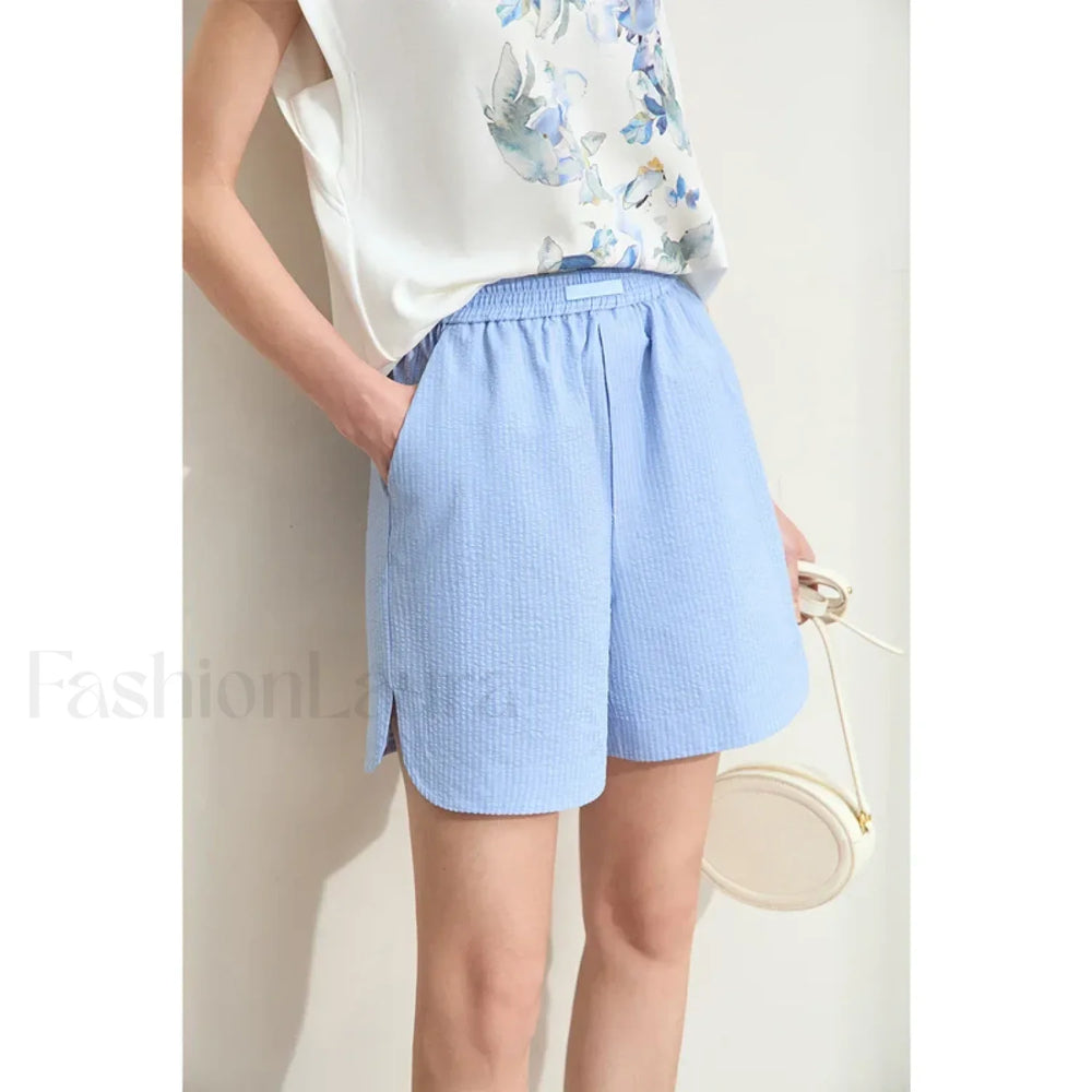 Minimalism Striped Casual Basic Fashion Slit Short Blue / S