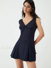 Minimalism V Neck Graceful Short Dress Navy / XS Dresses