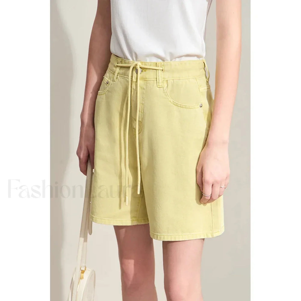 Minimalism Women Denim Casual Loose Retro Straight Short lemon yellow / S