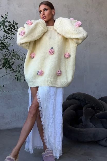 Minimalist 3D Floral Knit Sweater