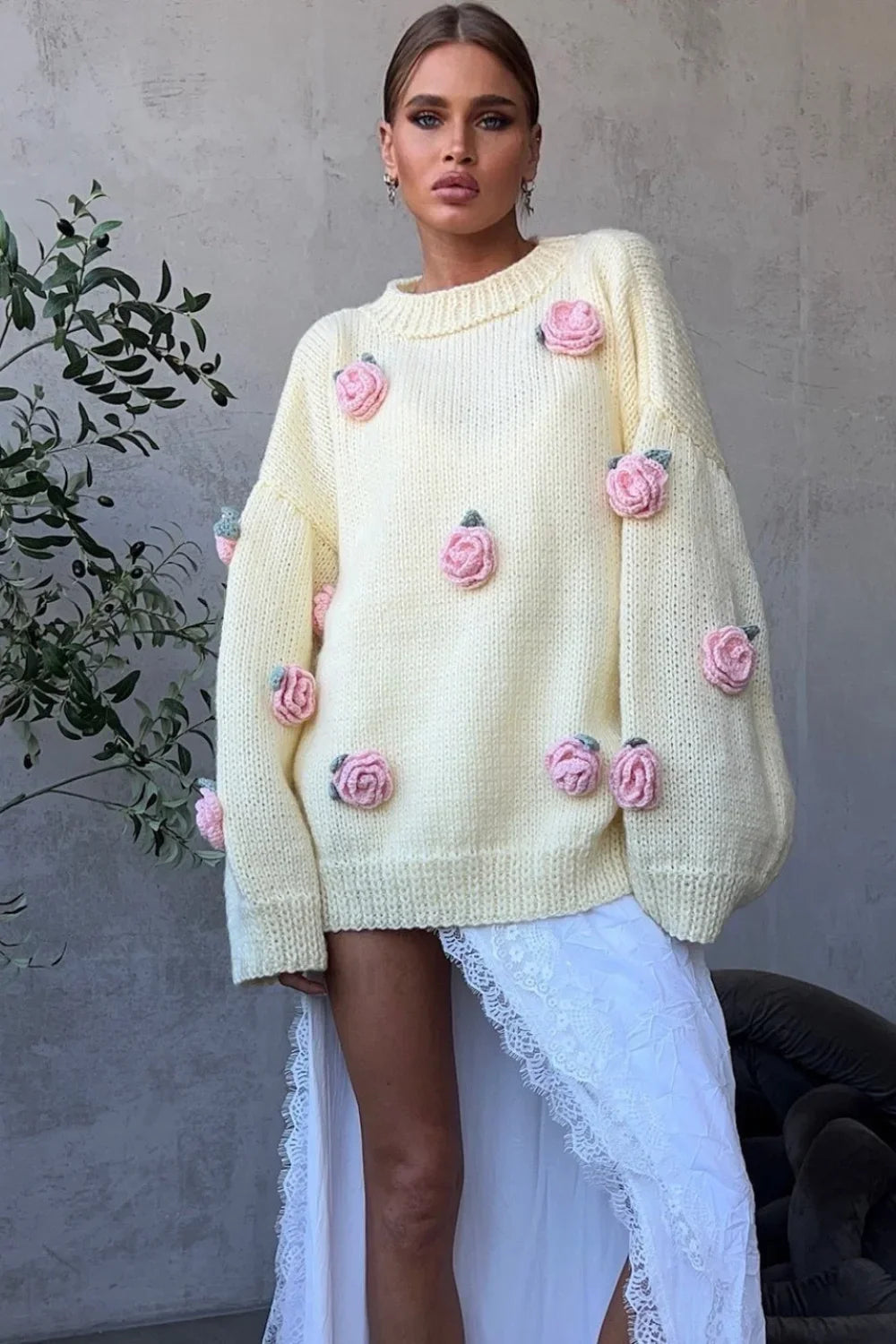 Minimalist 3D Floral Knit Sweater