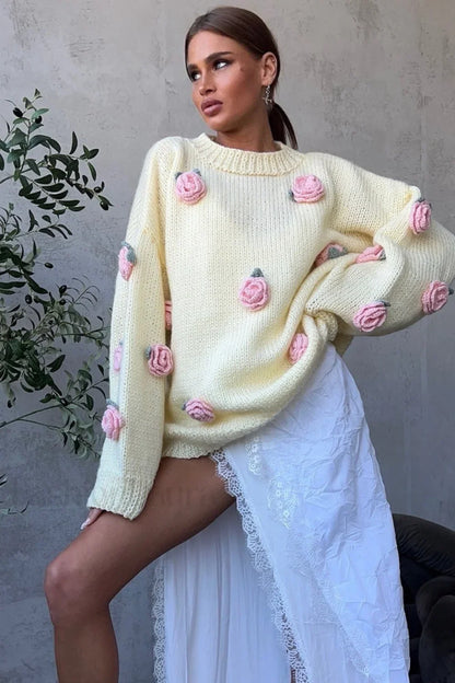 Minimalist 3D Floral Knit Sweater Yellow / S