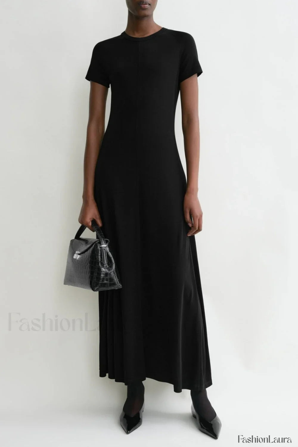 Minimalist A Line Round Neck Short Sleeve Work Dress 黑色 / XS