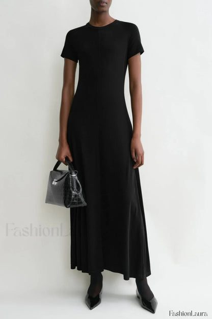 Minimalist A Line Round Neck Short Sleeve Work Dress 黑色 / XS