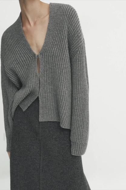 Minimalist Beige V neck Knit Cardigan