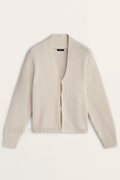 Minimalist Beige V neck Knit Cardigan Ivory / XS