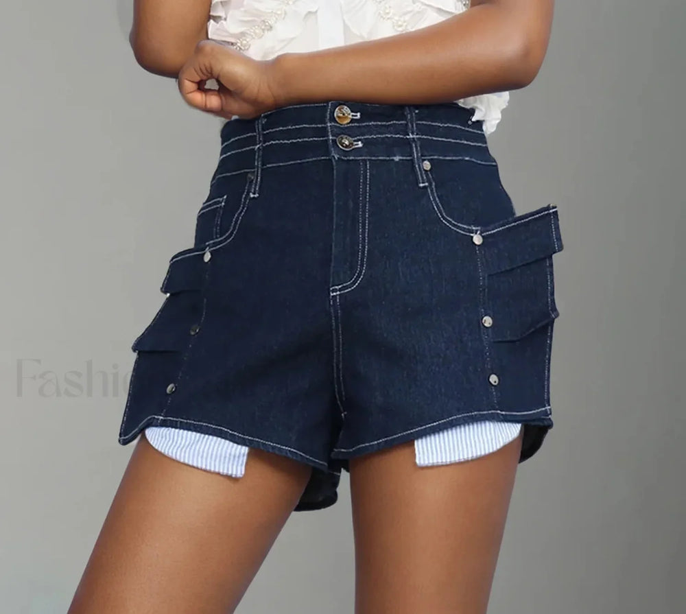 Minimalist Denim High Waist Patchwork Pocket Casual Short BLUE / S