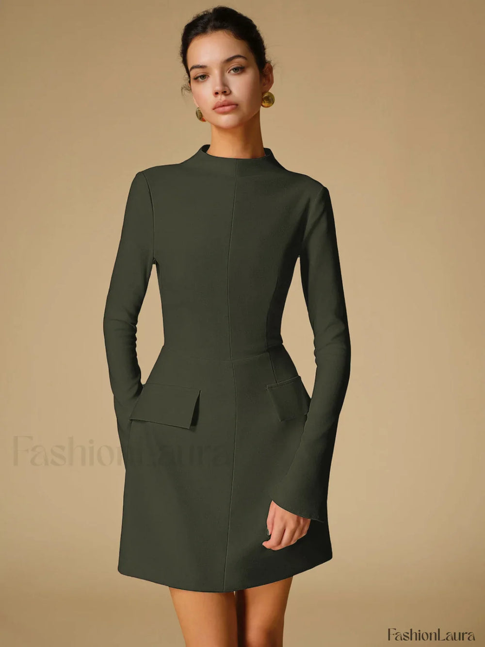 Minimalist Plain Mock Neck Dress ArmyGreen / XS Dresses
