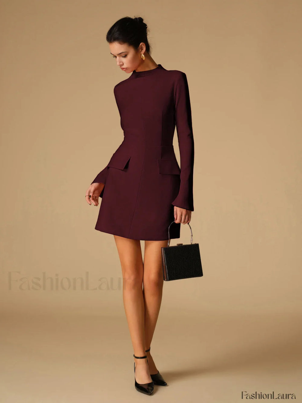 Minimalist Plain Mock Neck Dress Burgundy / XS Dresses