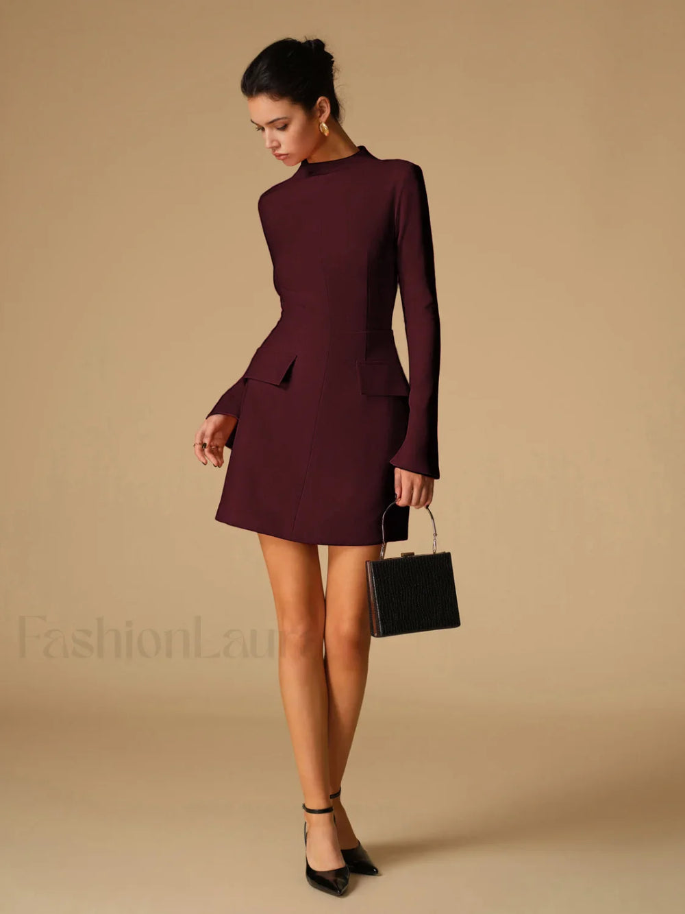 Minimalist Plain Mock Neck Dress Burgundy / XS Dresses