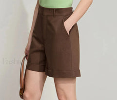 Minimalist Summer Casual Loose Cotton Linen Cuffed Short Coffee / S