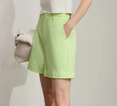 Minimalist Summer Casual Loose Cotton Linen Cuffed Short Light Green / S