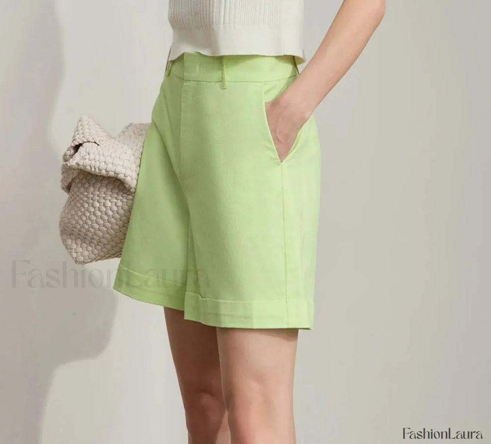 Minimalist Summer Casual Loose Cotton Linen Cuffed Short Light Green / S