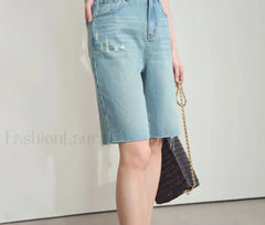 Minimalist Summer Denim Frayed Edge High Waist Loose Short