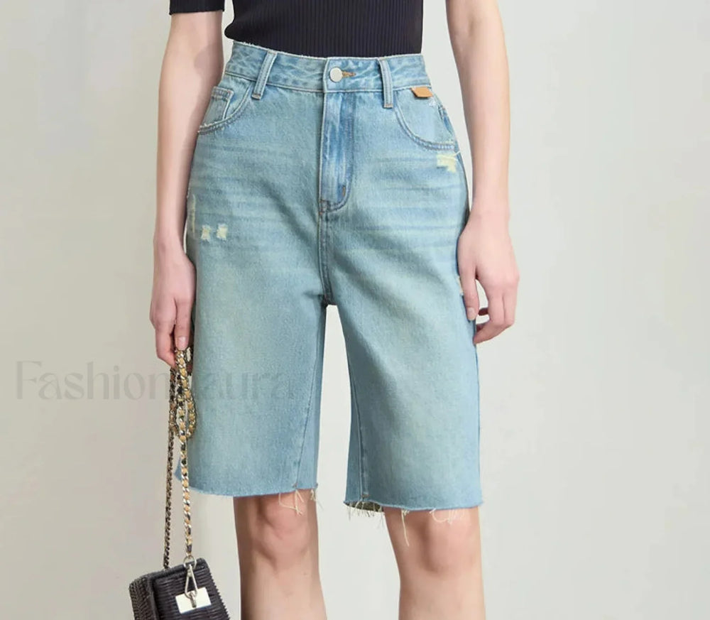 Minimalist Summer Denim Frayed Edge High Waist Loose Short Light Blue / S