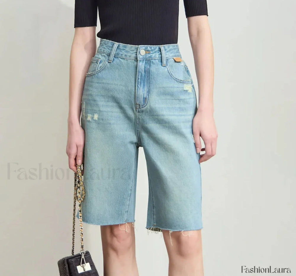 Minimalist Summer Denim High Waist Loose Cotton Short Light Blue / S