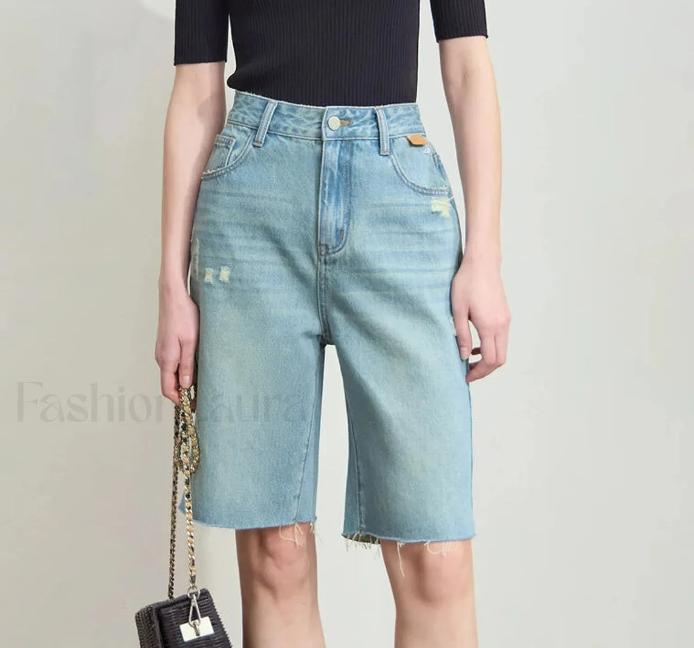 Minimalist Summer Denim High Waist Loose Cotton Short Light Blue / S